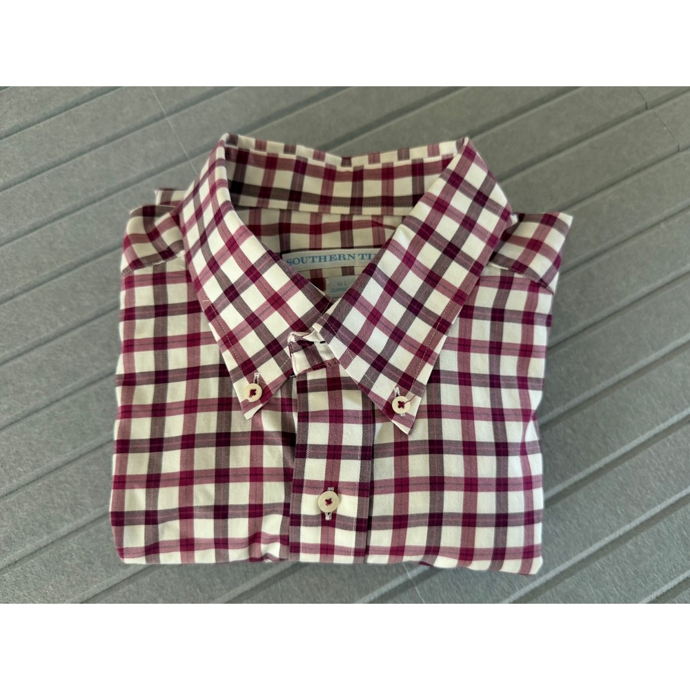 Southern Tide Mens Classic Fit Gingham Button Down Shirt Burgundy White Large - Picture 6 of 10